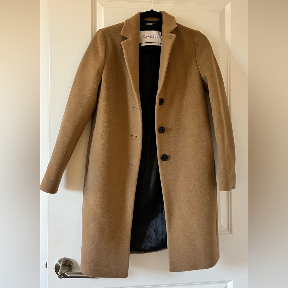 Calvin Klein Wool Cashmere Blend Crombie Coat in Soft Camel